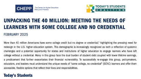 Screenshot of the page Unpacking the 40 Million: Meeting the Needs of Learners with Some College and No Credential