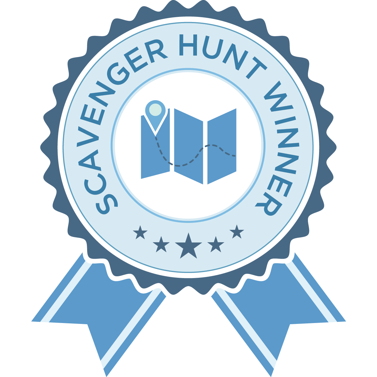 Blue ribbon that says "Scavenger Hunt winner." Awarded to scavenger hunt completionists