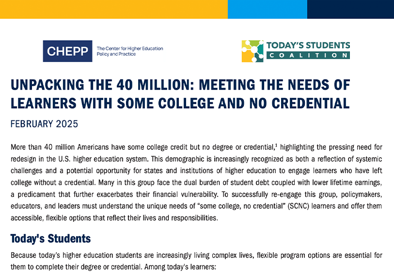 Screenshot of the page Unpacking the 40 Million: Meeting the Needs of Learners with Some College and No Credential