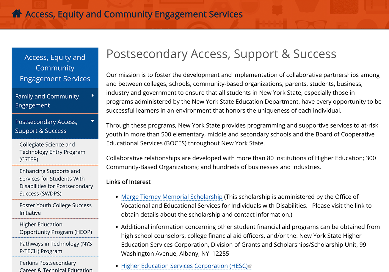Web page snippet of the resource, Postsecondary Access, Support and Success